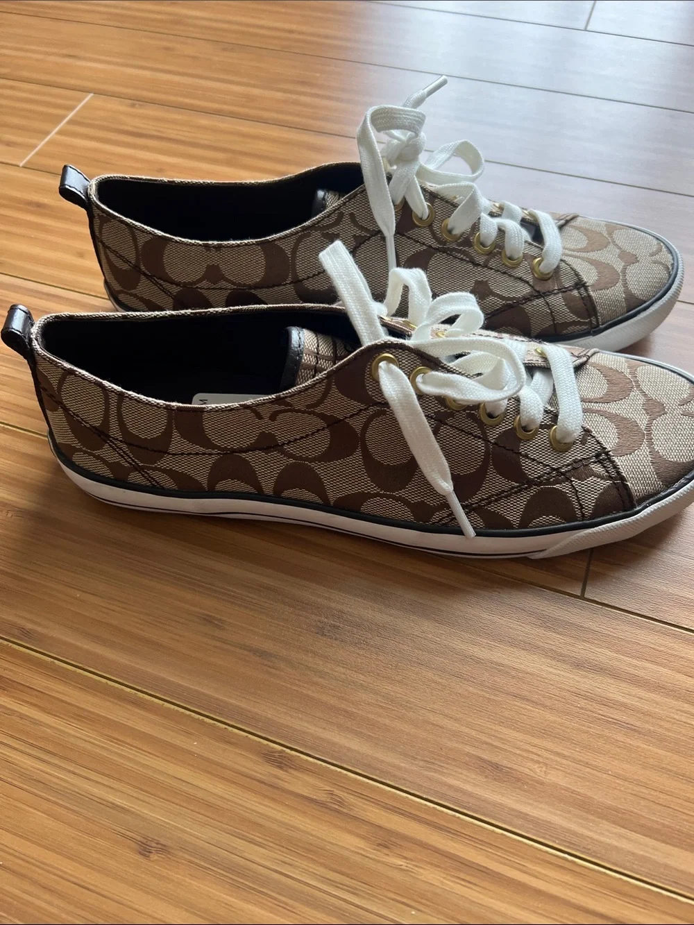 Coach Monogram Canvas Lace-Up Sneakers in Brown and Khaki - Picture 2 of 3
